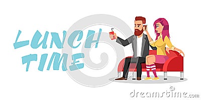 Young redheaded bearded man and girl with pink hair in knee highs sitting on sofa and drinking beverages. Vector Illustration