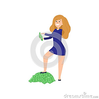 Young redheaded girl put one her foot on pile of money Vector Illustration