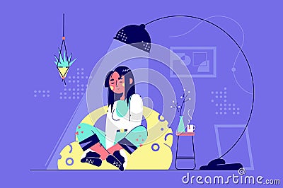 Young relaxing woman character under lamp in living room at home. Cartoon Illustration