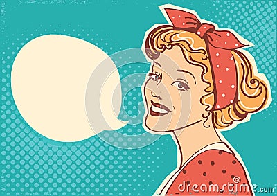 Young retro woman portrait with speach bubble for text.Vector illustration pop art background Vector Illustration