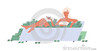 Young rich woman swimming in bath tub stuffed with money. Successful careless person in bathtub filled with cash Vector Illustration