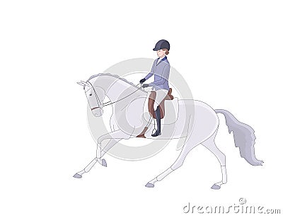 Young rider on a beautiful grey horse gallops Vector Illustration