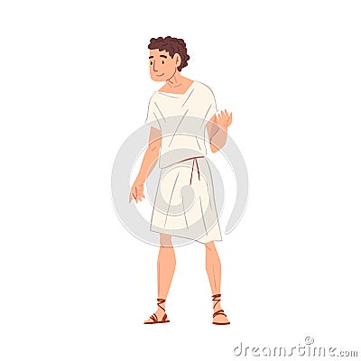 Young Roman Man in Traditional Clothes, Ancient Rome Citizen Character in White Tunic And Sandals Vector Illustration Vector Illustration