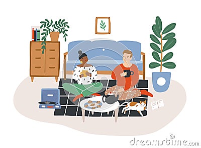 Young romantic couple sitting on floor, drinking tea and eating cookies in evening. Man and woman spending time together Vector Illustration