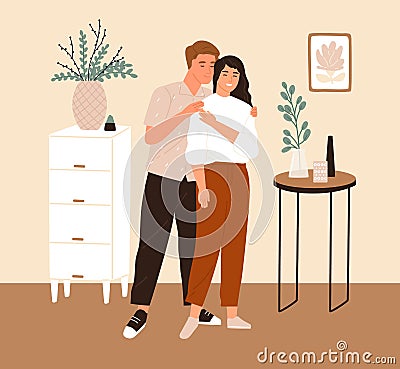 Young romantic couple standing together in furnished room of their new apartment in scandinavian style. Happy man and Vector Illustration