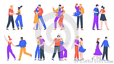 Young romantic couples in love. Happy boyfriend and girlfriend romantic date. Dancing, taking selfies and decided to get Vector Illustration