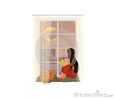 Young romantic girl with long hair looking through window while sitting on sill at home with next to a ginger tabby cat Vector Illustration