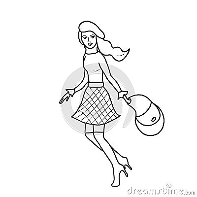 Young running girl in beret with a bag. French style. Vector illustration, line art. Doodle style. Isolated. Vector Illustration