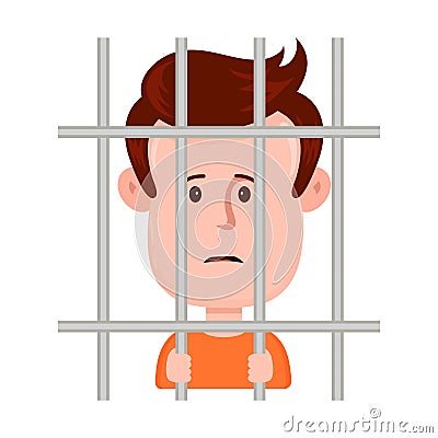 Young sad man prisoner behind bars, Vector Illustration