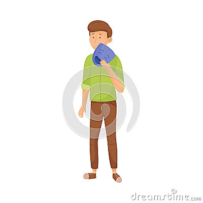 Young Sad Man Standing and Holding Mask with Happy Emotion in His Hands Vector Illustration Vector Illustration
