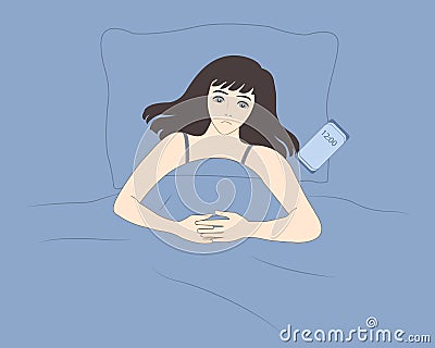 Young sad sleepless girl lying in bed suffering from insomnia and sleep disorder concept Vector Illustration