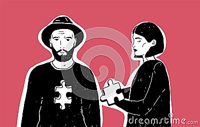 Young sad woman holding jigsaw puzzle piece and man in hat with notch of different shape in his chest. Concept of Vector Illustration