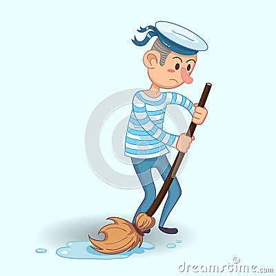 Young sailor in uniform with mop and bucket cleaning equipment. Funny cartoon illustration Cartoon Illustration