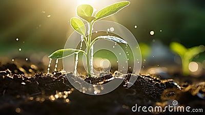 A young sapling being watered in a garden, AI Generative Stock Photo