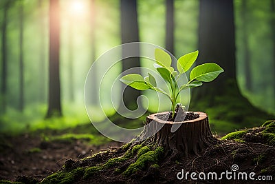 Young sapling sprouts from tree stump Stock Photo