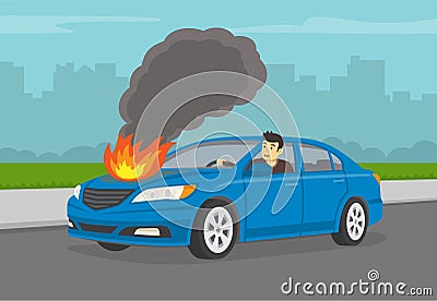 Young scared driver driving his broken sedan car on city road. Burning car engine hood. Vector Illustration