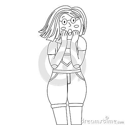 Young scared girl in doodle style. The girl is dressed in denim overalls. Frightened girl with open mouth. Vector Illustration