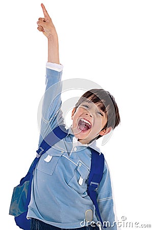 Young school boy excitingly shouts Stock Photo