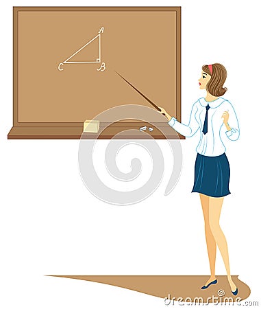 Young schoolgirl in class. The girl is standing near the blackboard and is telling the assignment. The lady is very nice. Vector Cartoon Illustration