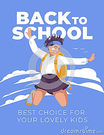 a young schoolgirl is flying against a background of a blue sky with clouds. Vector Illustration