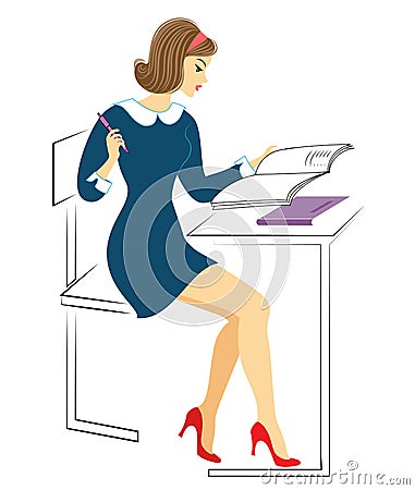 A young schoolgirl sits at a desk. The girl does the homework, writes in the notebook. The lady is very nice. Vector illustration Cartoon Illustration