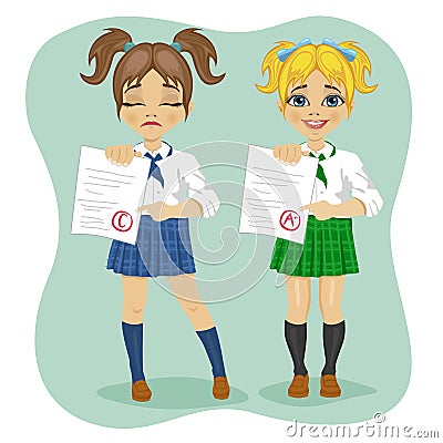 Young schoolgirls showing exam with good and bad test results Vector Illustration