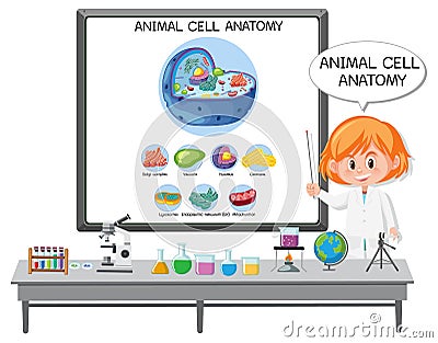 Young scientist explaining the anatomy of the animal cell Biology Diagram Vector Illustration