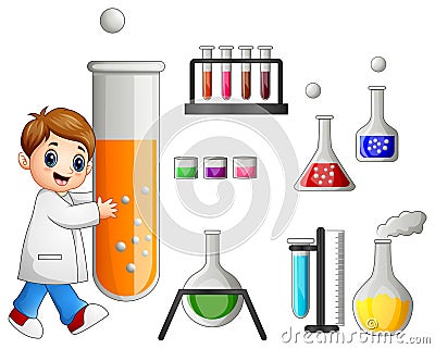 Young scientist holding test tube and laboratory equipment Vector Illustration