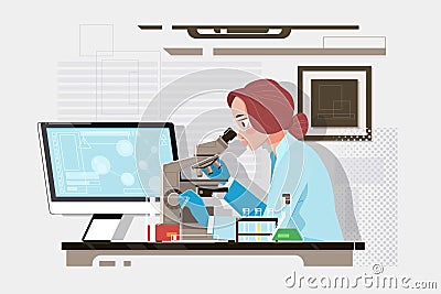 Young scientist looking through a microscope in a laboratory. Young scientist doing some research. Vector illustration Vector Illustration