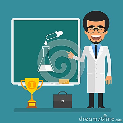 Young scientist pointing finger at picture test tubes and pipettes Vector Illustration