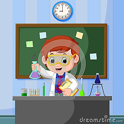 Young scientist points to chalkboard and smiling Vector Illustration