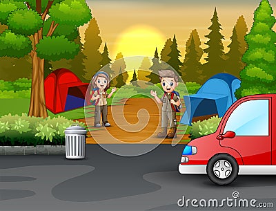 Young scout in the camping zone scene Vector Illustration