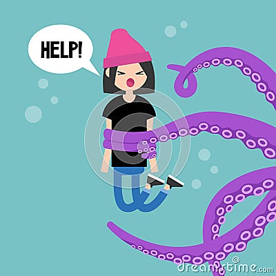 Young screaming female character attacked by octopus / flat edit Vector Illustration