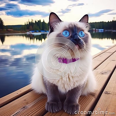 young seal-point ragdoll cat sitting beside a lake on a warm evening Stock Photo