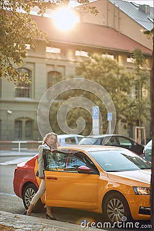 Young businesswoman opening door of a cab, looking at camera Stock Photo