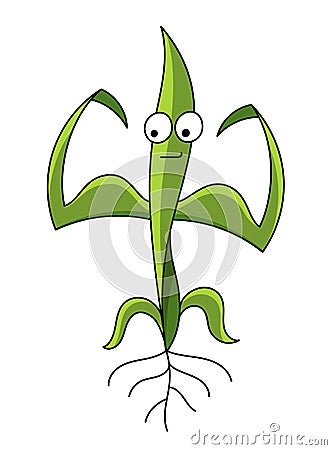 Young seedling plant mascot strong with big muscles character. Healthy and powerful green sprout growing. Agricultural Vector Illustration