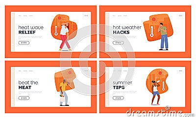 Young and Senior Characters Experience Discomfort Due To Heat Landing Page Template Set. People Sweating, Dehydration Vector Illustration