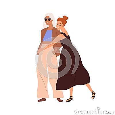 Young and senior women. Daughter hugging modern elderly mother with love and joy. Happy aged lady with adult offspring Vector Illustration