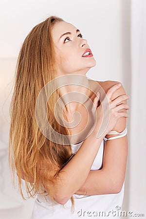 Young sensual caucasian woman in white top Stock Photo