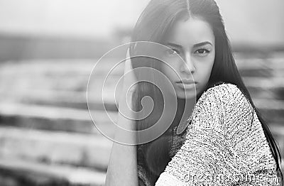 Young sensual model girl face. Black-white photo Stock Photo