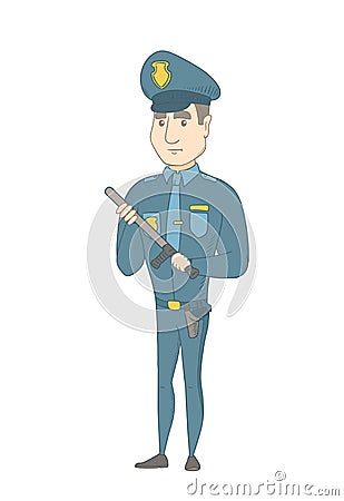 Young serious caucasian policeman with baton. Vector Illustration