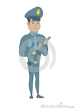 Young serious hispanic policeman with baton. Vector Illustration