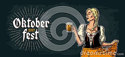 Young Oktoberfest girl dirndl dancing and holding beer mug. Vector Illustration