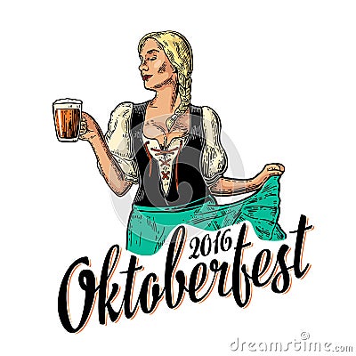 Young Oktoberfest woman wearing a traditional Bavarian dress dirndl dancing and holding beer mug. Vector Illustration