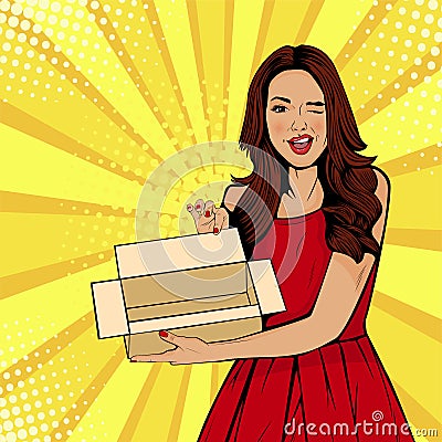 Young surprised woman holding empty box. Vector illustration in retro comic pop art style. Vector Illustration