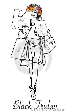 Young sexy woman carrying bag on black Friday Vector Illustration