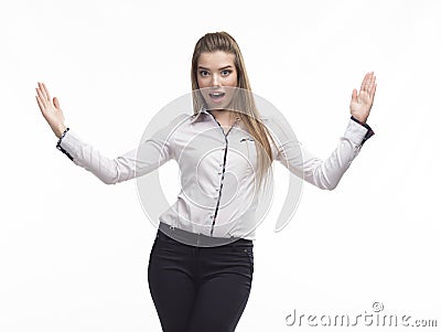 Young woman showing dimensions Stock Photo