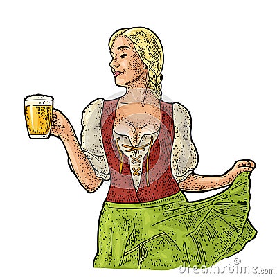 Young sexy Oktoberfest woman holding beer mug. Vintage vector engraving Vector Illustration