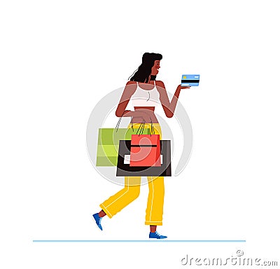 Young shopping woman holds packages and bank card from the store in her hands. The concept of a successful purchase and Vector Illustration