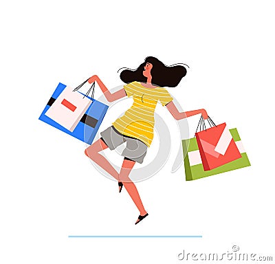 Young shopping woman holds packages from the store in her hands and jumps happily. The concept of a successful purchase Vector Illustration